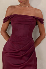 Celinea | Burgundy Satin Bardot-Neck Maxi Dress With Front-High Split