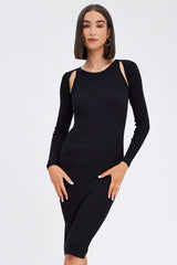 Black Midi Dress Long Sleeve Keyhole Bodycon Rib Knit