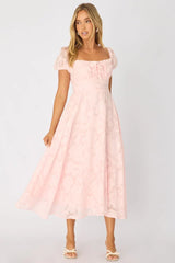 Pink Midi Dress Puff Sleeve