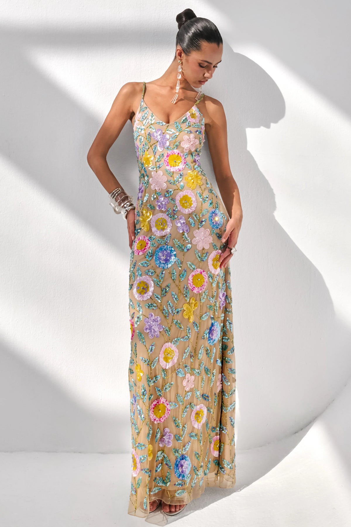 Gemini | Nude Floral Embellished Strappy Maxi Dress