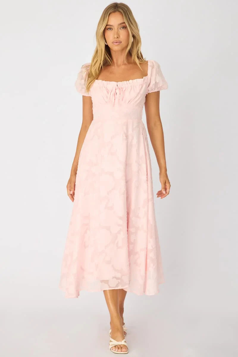 Pink Midi Dress Puff Sleeve