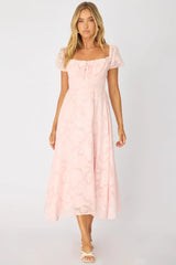 Pink Midi Dress Puff Sleeve