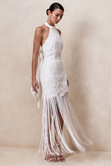 Skylar | White Lace Halter-Neck Maxi Dress With Open-Back And Bow Detail