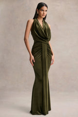 Lavernia | Olive Velvet Halter-Neck Maxi Dress With Gathered-Detailing
