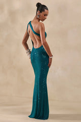 Deity | Teal Hotfix Asymmetric-Neck Maxi Dress With Open-Back