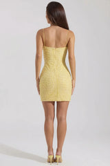 Embellished Scoop-Neck Bodycon Mini Dress in Yellow