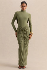 Harmona | Olive High-Neck Maxi Dress With Gathered And Draped-Detailing