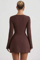 Square-Neck Structured Tulip Mini Dress in Chocolate Brown