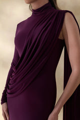Oliria | Dark Plum High-Neck Maxi Dress With One-Long Sleeve And Sash-Detail