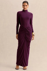 Harmona | Dark Plum High-Neck Maxi Dress With Gathered And Draped-Detailing