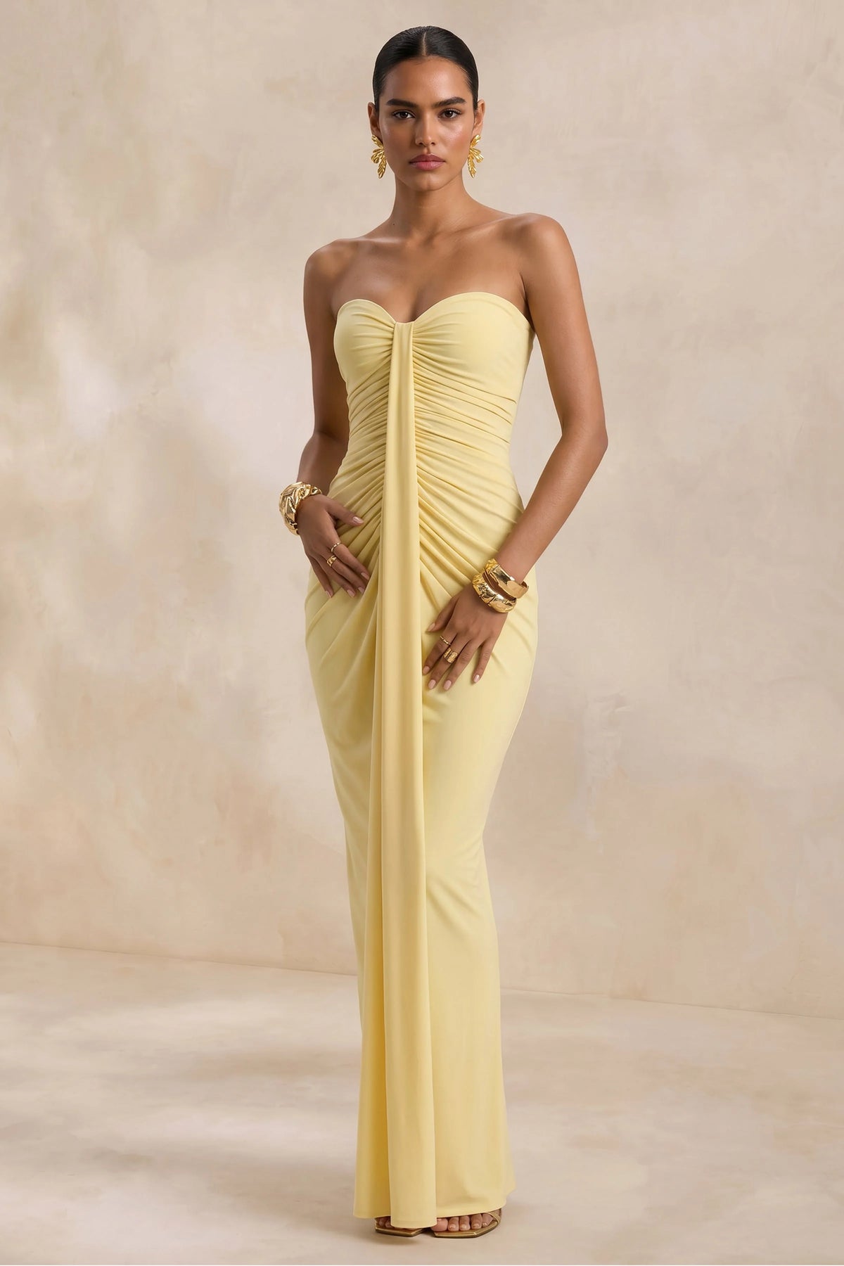 Ali | Lemon Sweetheart Ruched Wrap Maxi Dress