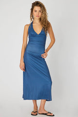 Blue Polka Dot Halter Neck Midi Dress