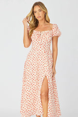 White Ditsy Midi Dress Puff Sleeve