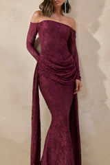 Parisse | Burgundy Lace Bardot-Neck Maxi Dress With Draped-Detailing