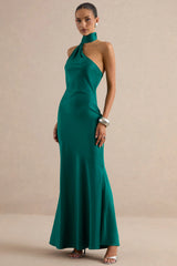 Jorina | Green Satin Asymmetric-Neck Maxi Dress With Scarf Detail