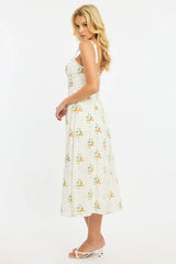 White Floral Midi Dress Gathered Bust Lace Trim