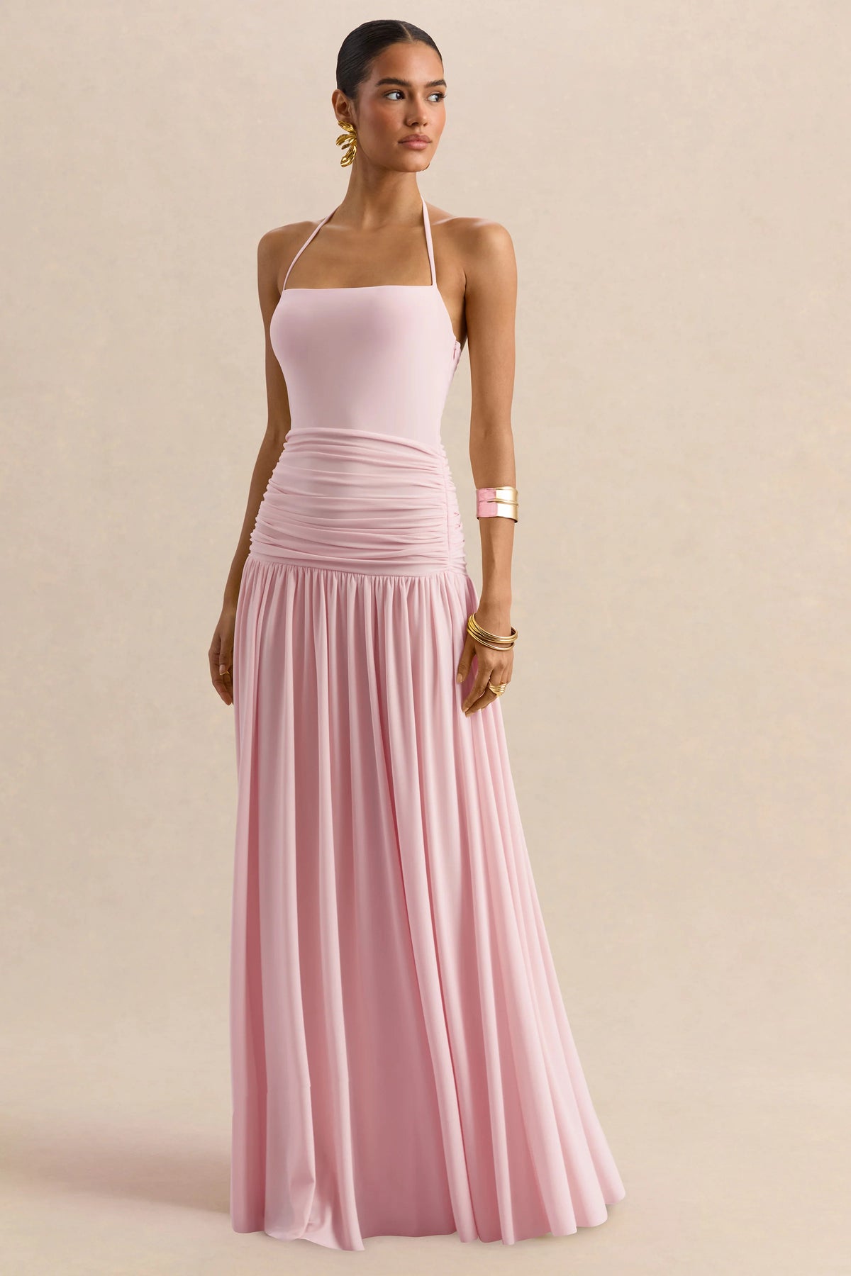 Nicolette | Pink Square-Neck Maxi Dress With Ruched-Detailing