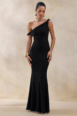 Afina | Black Lace Asymmetric-Neck Maxi Dress