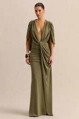 Marisea | Green Plunge-Neck Maxi Dress With Cape-Sleeves