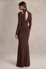 Alastrina | Brown High-Neck Maxi Dress With Gathered-Detailing