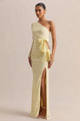 Norna | Lemon Lace Asymmetric-Neck Maxi Dress With Cut-Out And Bow Details
