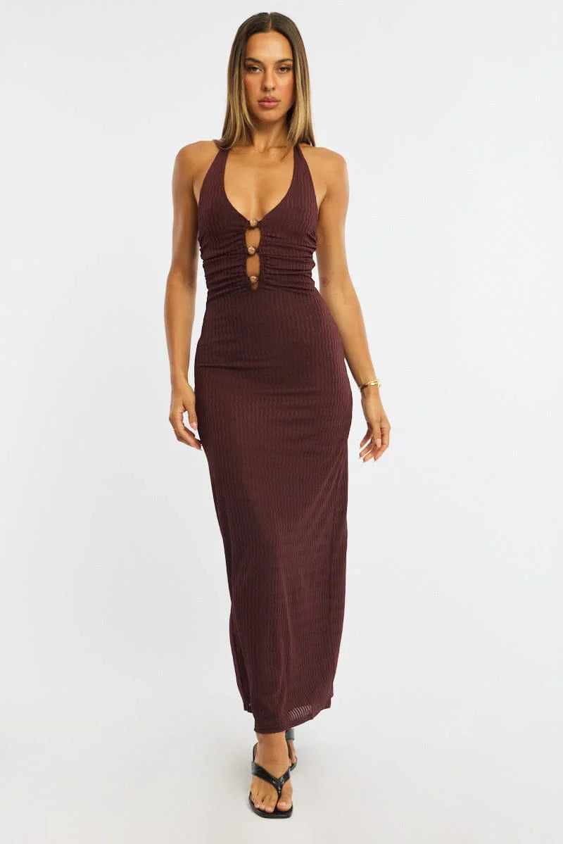 Brown Maxi Dress Beading Trim Textured Fabric