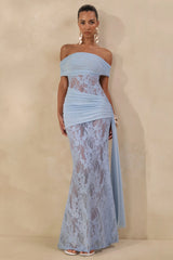 Enavine | Powder Blue Lace Bardot-Neck Maxi Dress With Gathered-Detailing And Sash