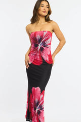 Black Floral Strapless Maxi Dress