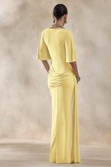 Emerelle | Lemon Wide-Neck Maxi Dress With Sash And Draped-Detailing