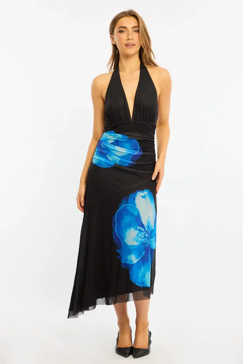 Blue Floral Halter Neck Midi Dress