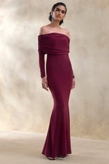 Brisea | Burgundy Bardot-Neck Maxi Dress