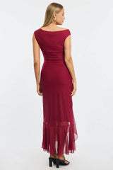 Red Maxi Dress Asymmetric Shoulder Mesh