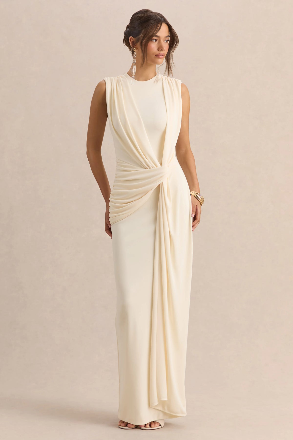 Blythia | Cream Round-Neck Maxi Dress With Gathered-Detailing