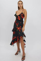 Black Floral Midi Dress Ruffle Detail