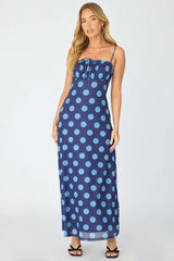 Blue Polka Dot Midi Dress Strappy