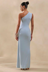 Lunoria | Powder Blue Asymmetric-Neck Maxi Dress With Gathered-Detailing
