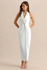 Hana | White Plunge-Neck Tailored Maxi Dress