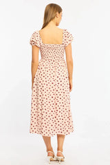 Pink Ditsy Midi Dress Puff Sleeve