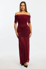 Red Off Shoulder Maxi Dress Mesh