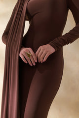 Amaria | Brown High-Neck Maxi Dress With Sash-Detail