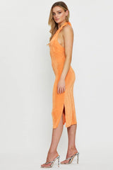 Orange Midi Dress Halter Neck
