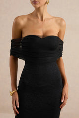 Novessa | Black Lace Bardot-Neck Maxi Dress