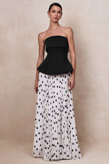 Stellara | Black & White Polka Dot Bandeau Corset Maxi Dress With Sheer Skirt
