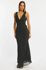 Black Polka Dot Maxi Dress V-neck Chiffon