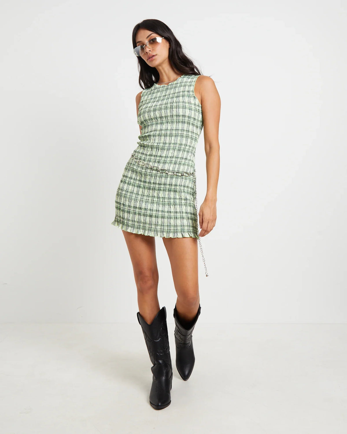 Drew Check Shirred Mini Dress in Lime
