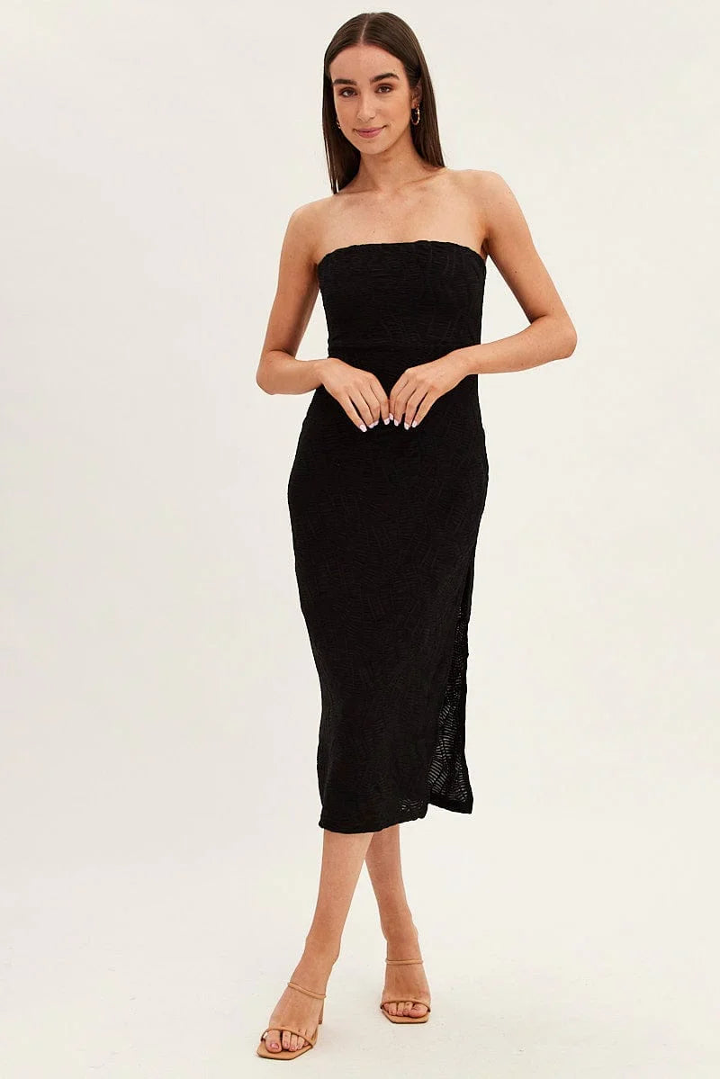 Black Midi Dress Strapless Textured