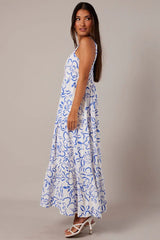 Blue Abstract Maxi Dress Sleeveless Tiered
