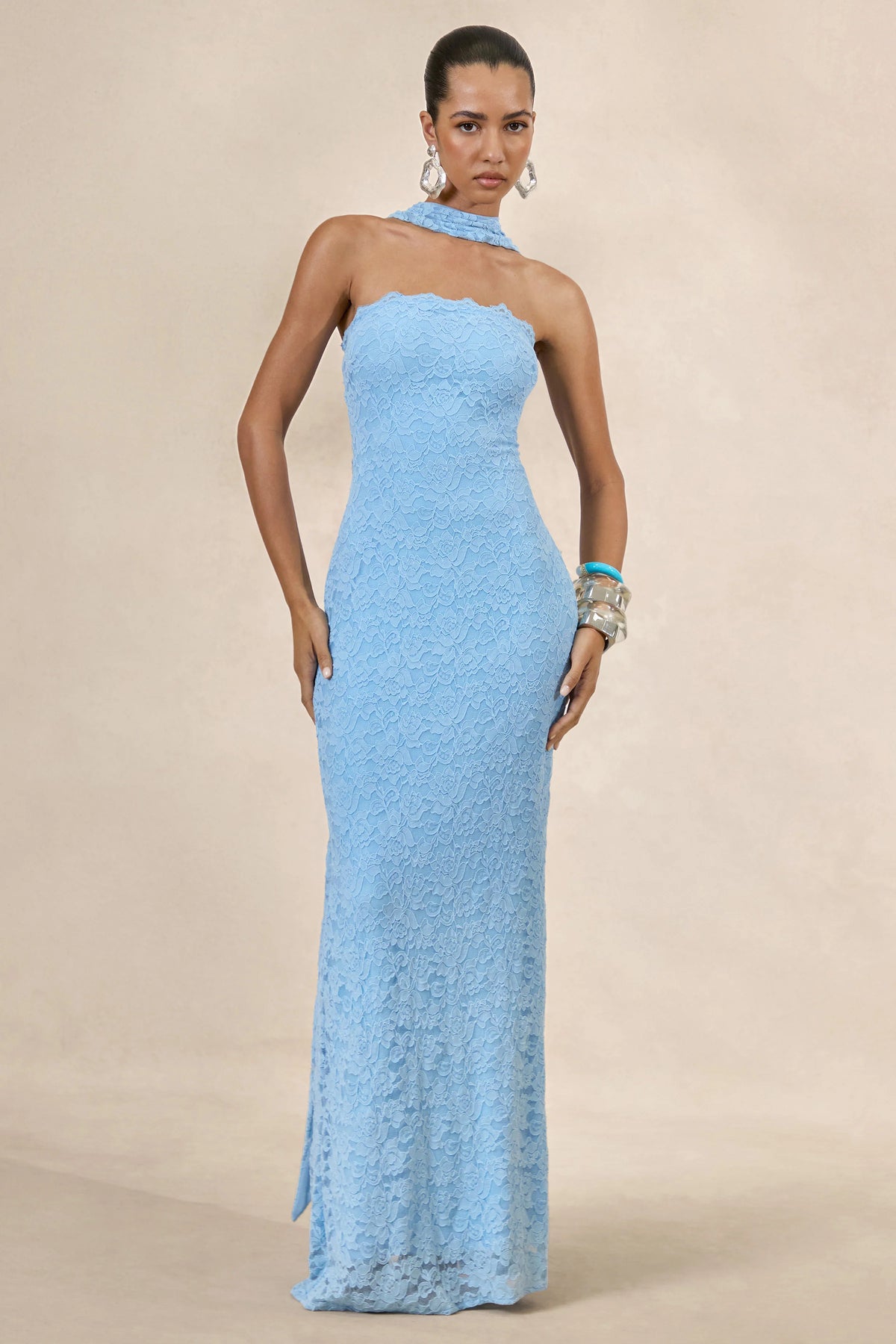 Massima | Light Blue Lace Bandeau Maxi Dress With Scarf-Detail