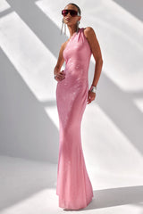 Deity | Pink Hotfix Asymmetric-Neck Maxi Dress With Open-Back