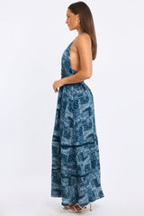 Blue Boho Maxi Dress Halter Neck
